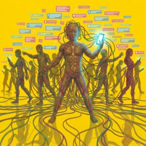 Wireframe figures tethered to glowing screens against a bright background. Generated for Skendong Poetry.