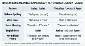 Comparison of the Hebrew names Isaiah and Yehoshua, their spellings, meanings and biblical figures